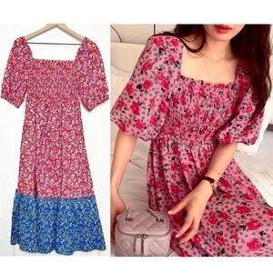 NWT HOUSE OF HARLOW Floral Smocked Puff Short Sleeve Ruffle Tiered Maxi Dress XS